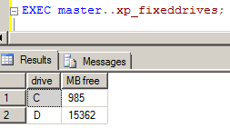 xp_fixeddrives を使ったクエリーと実行結果